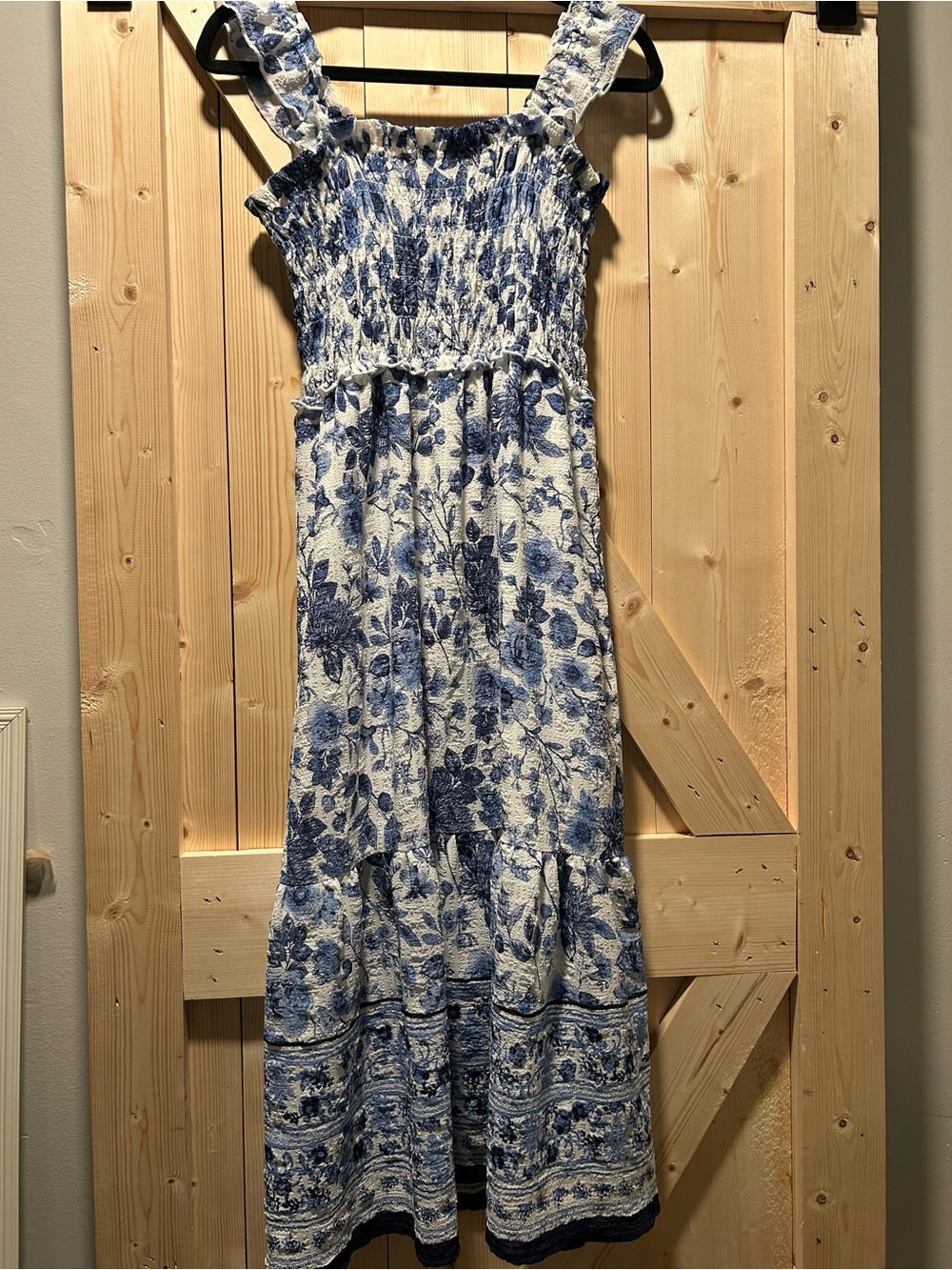Blue and White Floral Smocked Maxi Dress